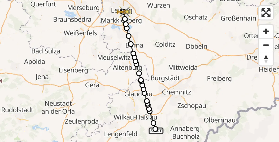 Flugroute Rettungshubschrauber Helios Clinic Aue - Leipzig University Hospital Hubschrauberlandeplatz 2, 18 Juni 2026, 18:19