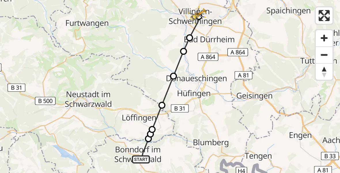 Flugroute Ambulanzhubschrauber Bonndorf im Schwarzwald - DRF Air Rescue Station Villingen-Schwenningen Hubschrauberlandeplatz (Christoph 11), 18 Juni 2026, 18:25
