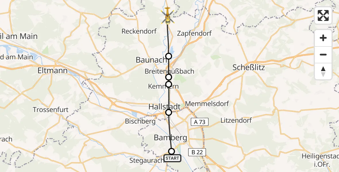 Flugroute Rettungshubschrauber Bamberg Hospital - Rattelsdorf, 18 Juni 2026, 18:27