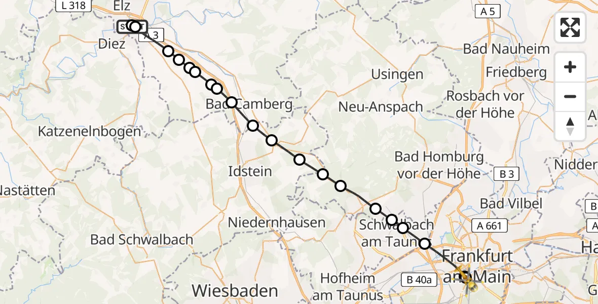 Flugroute Rettungshubschrauber Saint Vincent Hospital Limburg - Frankfurt University Hospital, 18 Juni 2026, 18:29