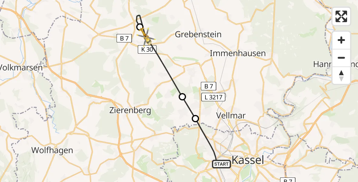 Flugroute Rettungshubschrauber Kassel - Calden, 18 Juni 2026, 18:31