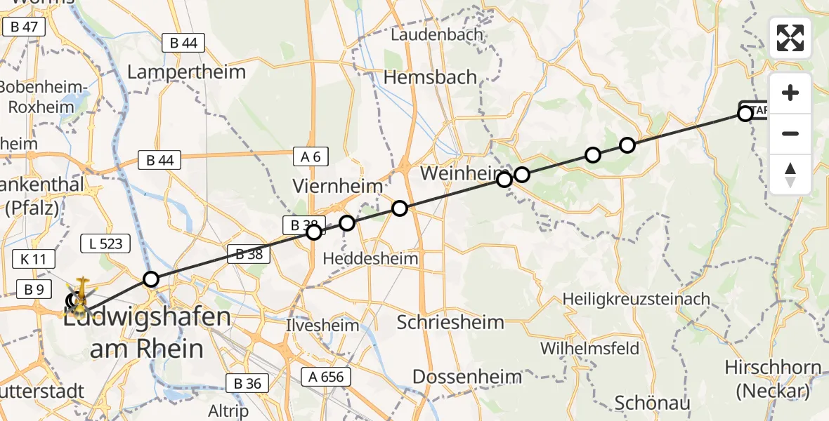 Flugroute Rettungshubschrauber Oberzent - Ludwigshafen Accident Hospital, 18 Juni 2026, 18:35