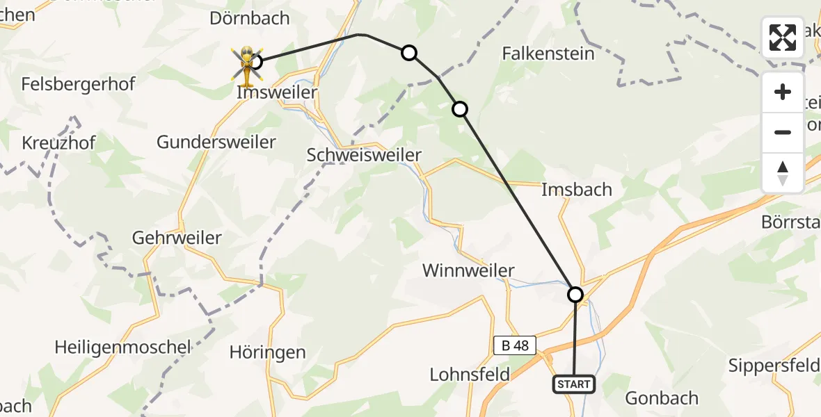 Flugroute Rettungshubschrauber Münchweiler an der Alsenz - Imsweiler UL, 18 Juni 2026, 18:37