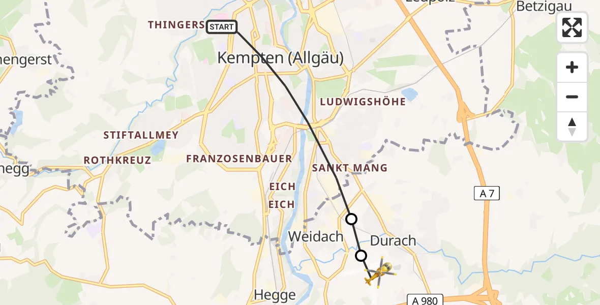 Flugroute Rettungshubschrauber Kempten (Allgäu) - Kempten-Durach Flugplatz, 18 Juni 2026, 18:38