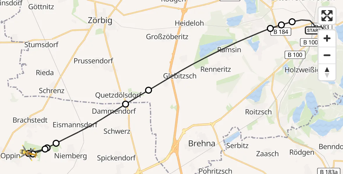 Flugroute Rettungshubschrauber Bitterfeld-Wolfen - Halle-Oppin Flugplatz, 18 Juni 2026, 18:43