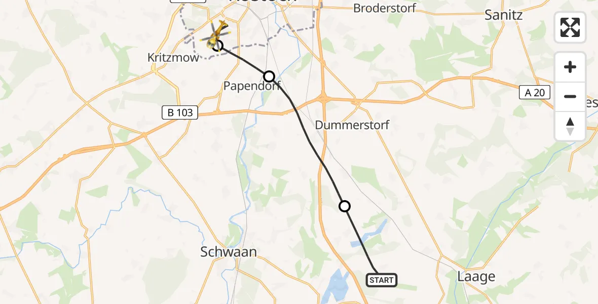 Flugroute Rettungshubschrauber Dolgen am See - Rostock, 18 Juni 2026, 18:44