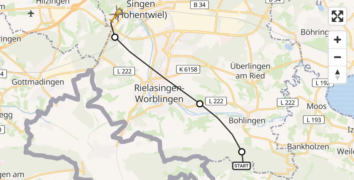Flugroute Rettungshubschrauber Öhningen - Singen (Hohentwiel), 18 Juni 2026, 18:44