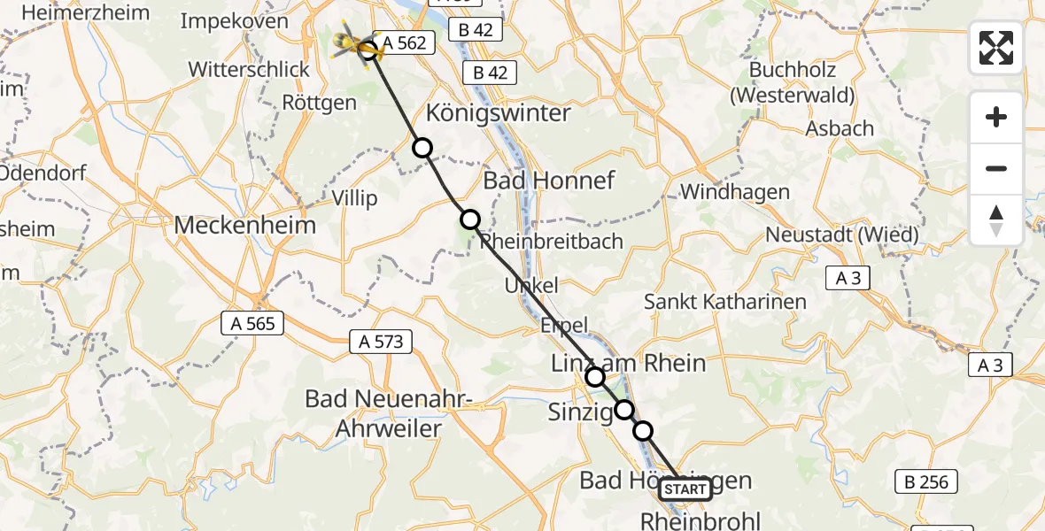 Flugroute Ambulanzhubschrauber Bad Hönningen - Bonn University Hospital, 18 Juni 2026, 18:45