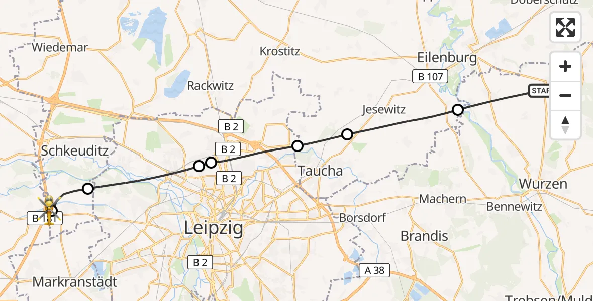 Flugroute Rettungshubschrauber Thallwitz - ADAC Air Rescue Station Leipzig/Schkeuditz-Dölzig Hubschrauberlandeplatz (Christoph 61), 18 Juni 2026, 18:46