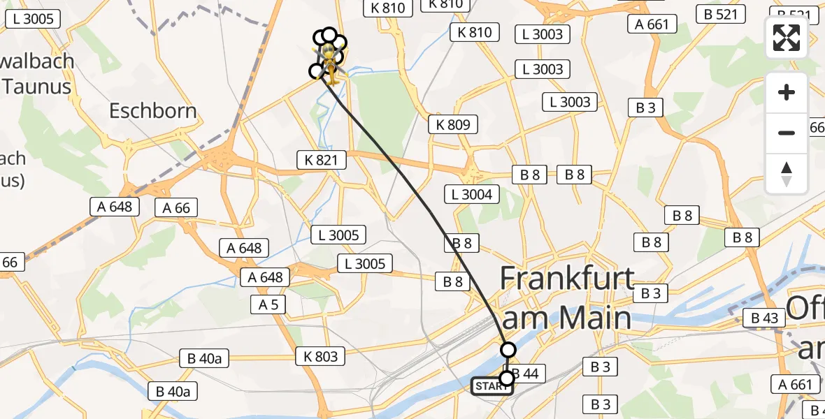 Flugroute Rettungshubschrauber Frankfurt University Hospital - Northwest Hospital, 18 Juni 2026, 18:52