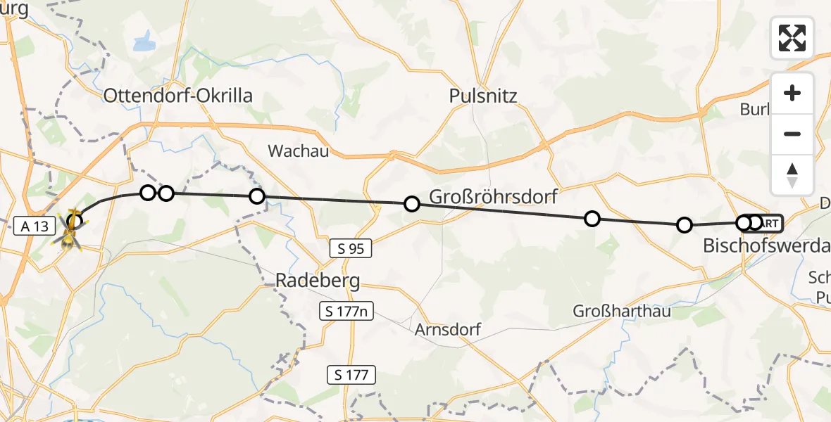 Flugroute Rettungshubschrauber Bautzen-Bischofswerda Hospital - Dresden Bundespolizei Hubschrauberlandeplatz, 18 Juni 2026, 18:58