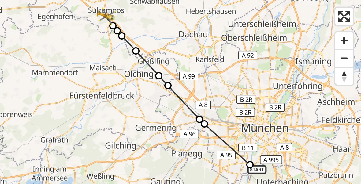 Flugroute Rettungshubschrauber ADAC Air Rescue Center Hubschrauberlandeplatz (Christoph 1) - Sulzemoos, 18 Juni 2026, 18:59