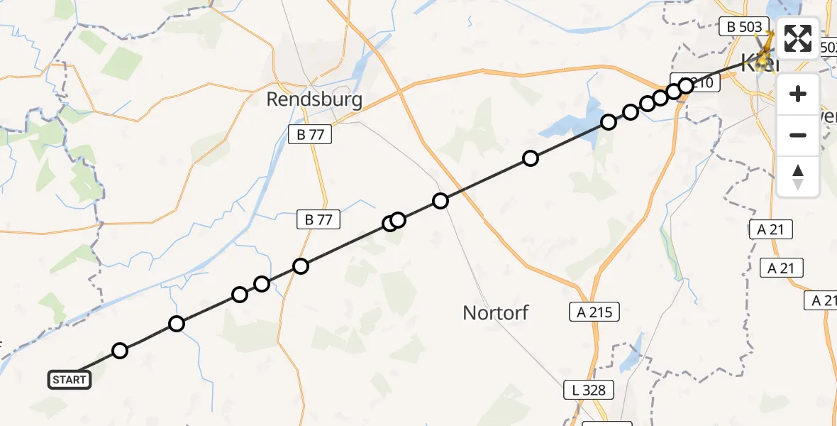 Flugroute Rettungshubschrauber Hanerau-Hademarschen - Kiel, 18 Juni 2026, 19:01