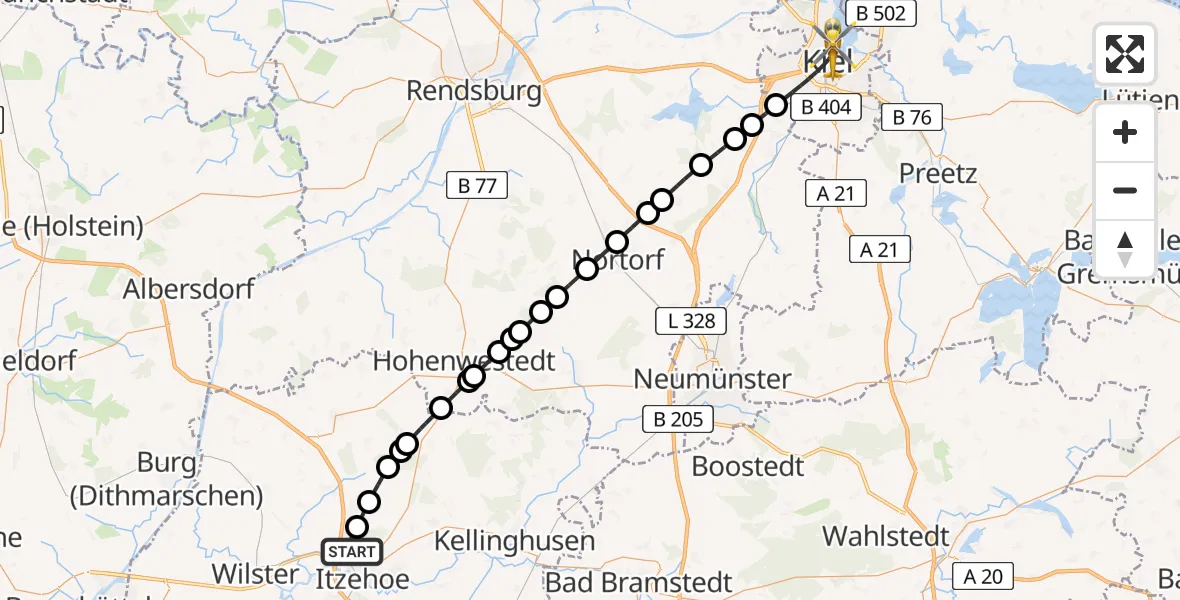 Flugroute Ambulanzhubschrauber Itzehoe - Kiel, 18 Juni 2026, 19:05