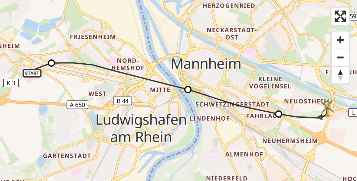 Flugroute Rettungshubschrauber Ludwigshafen Accident Hospital - Mannheim-City Flughafen, 18 Juni 2026, 19:10