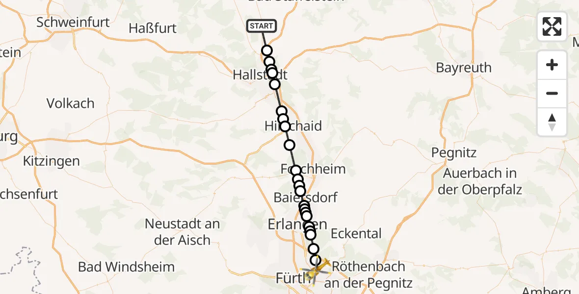 Flugroute Rettungshubschrauber Rattelsdorf - Flughafen Nuremberg, 18 Juni 2026, 19:10