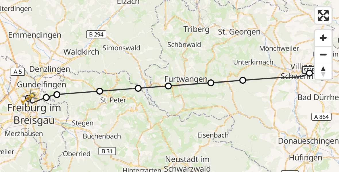 Flugroute Ambulanzhubschrauber DRF Air Rescue Station Villingen-Schwenningen Hubschrauberlandeplatz (Christoph 11) - Freiburg im Breisgau Flugplatz, 18 Juni 2026, 19:11