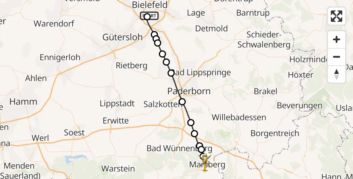Flugroute Rettungshubschrauber Luftrettungszentrum Bielefeld - Marsberg, 18 Juni 2026, 19:15