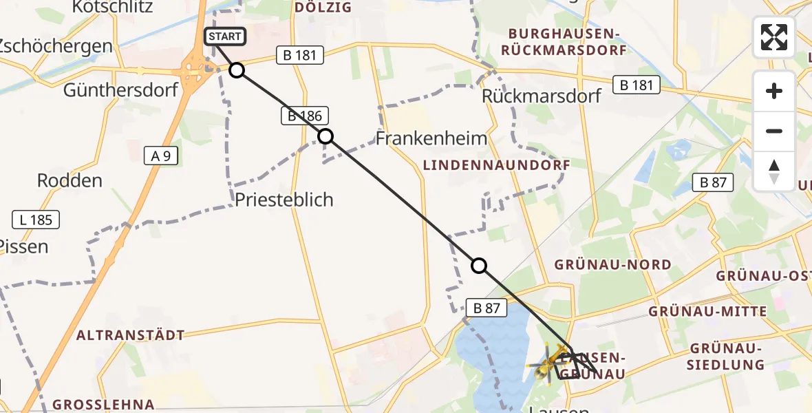 Flugroute Rettungshubschrauber ADAC Air Rescue Station Leipzig/Schkeuditz-Dölzig Hubschrauberlandeplatz (Christoph 61) - Leipzig, 18 Juni 2026, 19:16