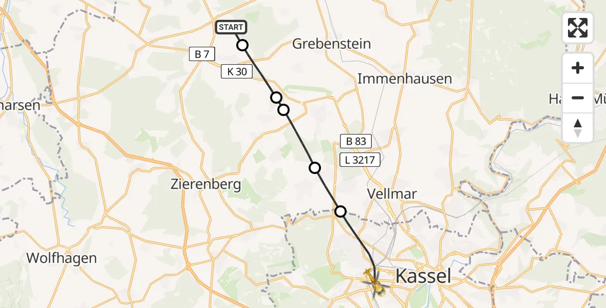 Flugroute Rettungshubschrauber Liebenau - Kassel, 18 Juni 2026, 19:19