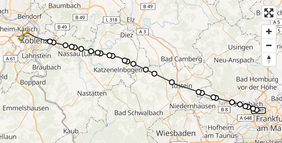 Flugroute Rettungshubschrauber Northwest Hospital - Koblenz, 18 Juni 2026, 19:23