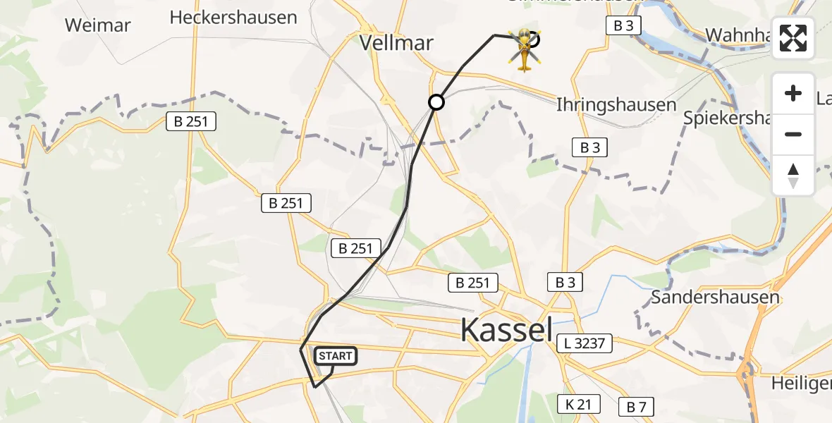 Flugroute Rettungshubschrauber Kassel - Fuldatal Bundespolizei Hubschrauberlandeplatz, 18 Juni 2026, 19:35