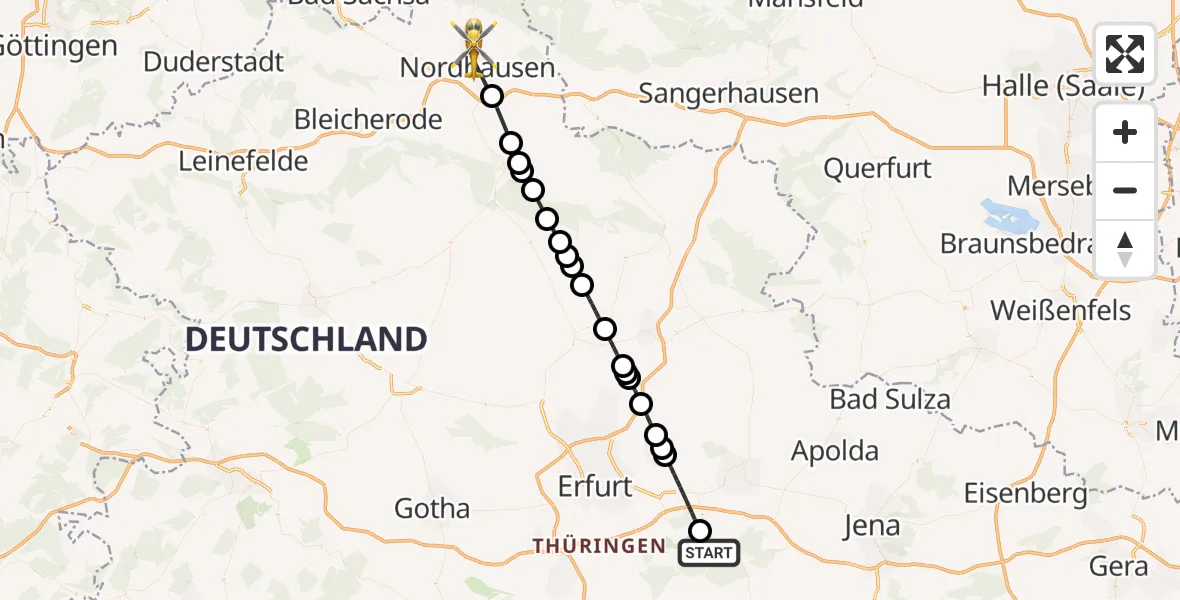 Flugroute Ambulanzhubschrauber Bad Berka - Nordhausen, 18 Juni 2026, 19:40