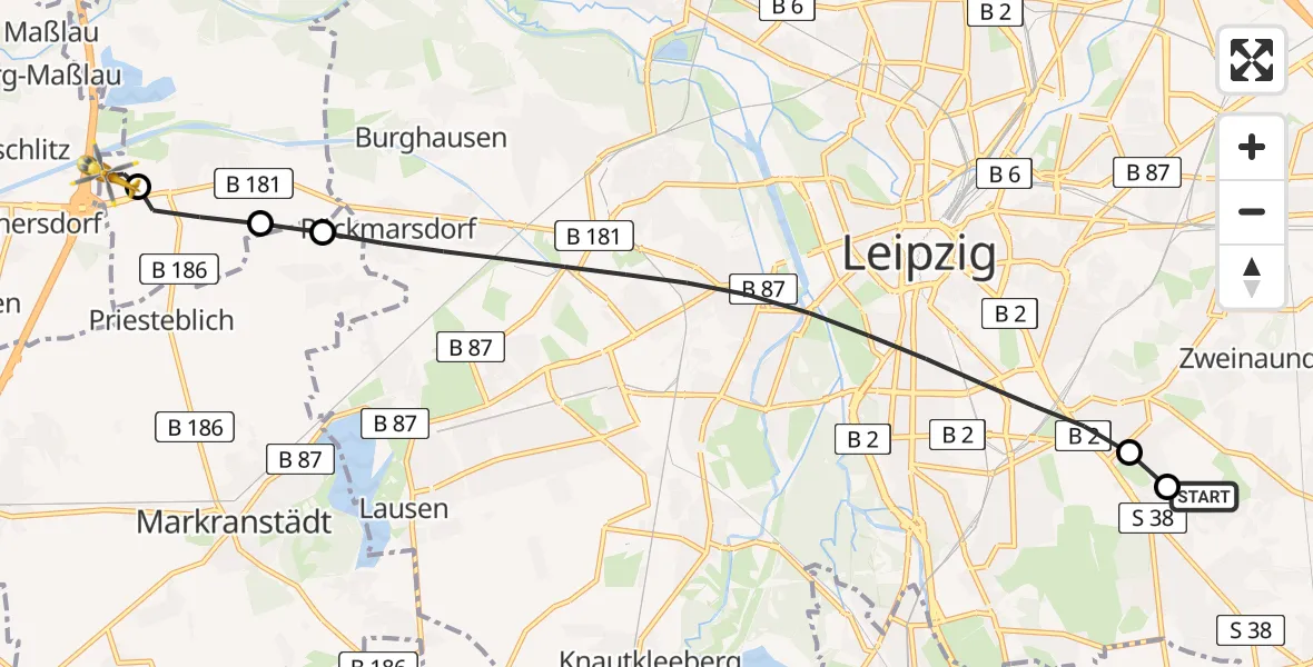 Flugroute Rettungshubschrauber Leipzig Heart Center Ground Hubschrauberlandeplatz - ADAC Air Rescue Station Leipzig/Schkeuditz-Dölzig Hubschrauberlandeplatz (Christoph 61), 18 Juni 2026, 19:45