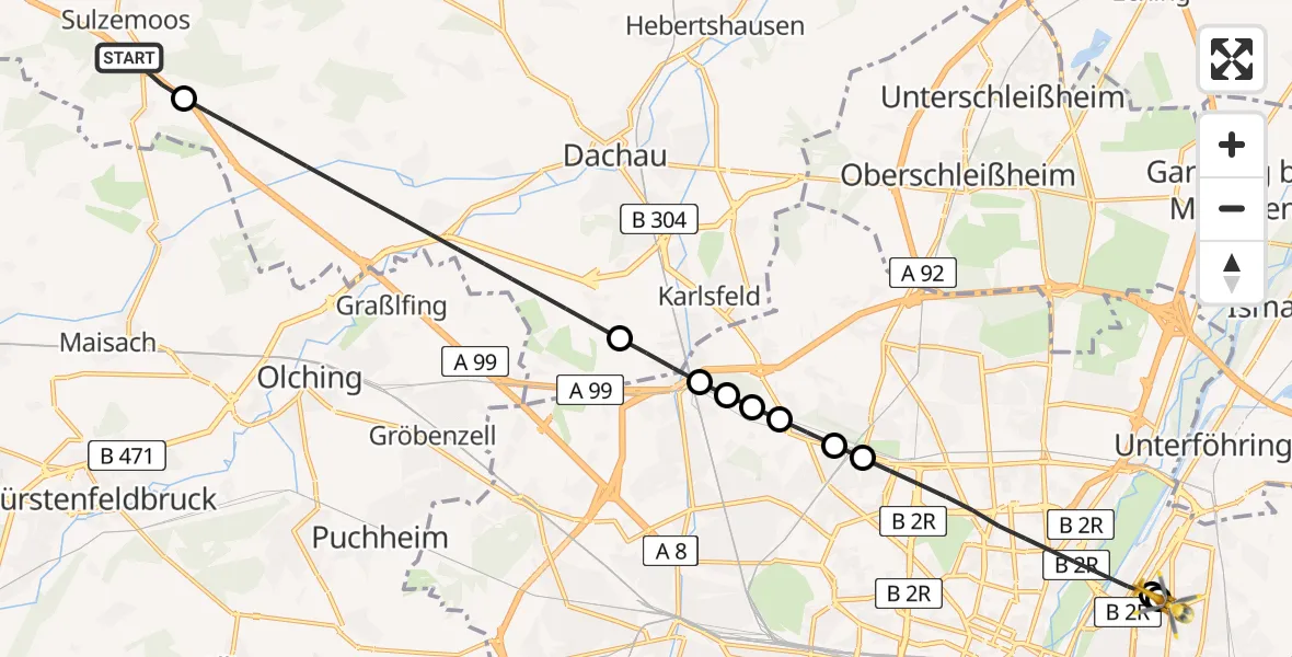 Flugroute Rettungshubschrauber Sulzemoos - München Bogenhausen Hospital, 18 Juni 2026, 19:50