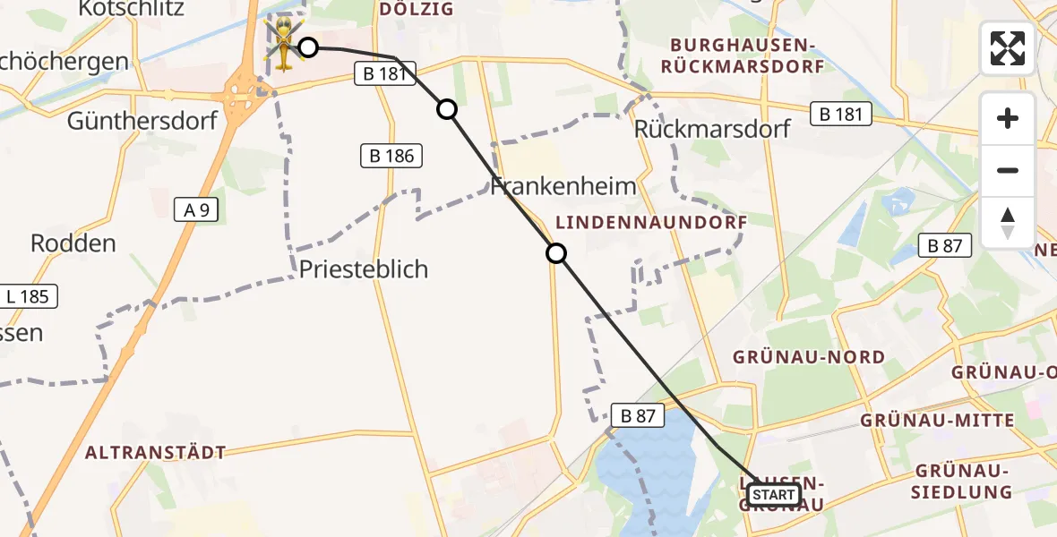Flugroute Rettungshubschrauber Leipzig - ADAC Air Rescue Station Leipzig/Schkeuditz-Dölzig Hubschrauberlandeplatz (Christoph 61), 18 Juni 2026, 20:01