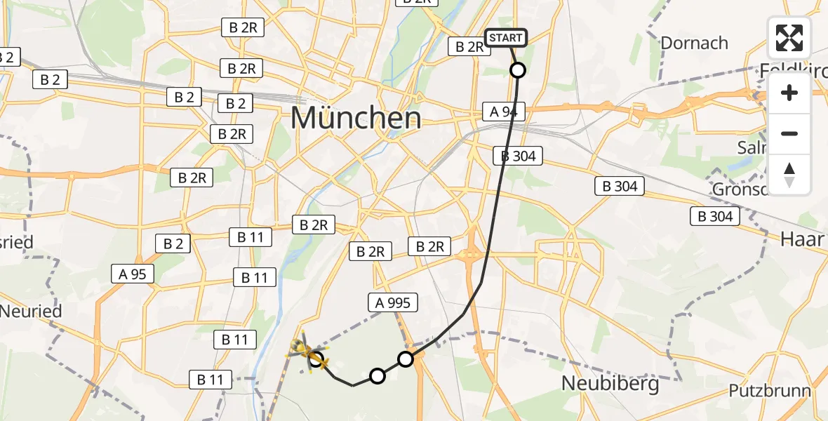 Flugroute Rettungshubschrauber München Bogenhausen Hospital - ADAC Air Rescue Center Hubschrauberlandeplatz (Christoph 1), 18 Juni 2026, 20:22