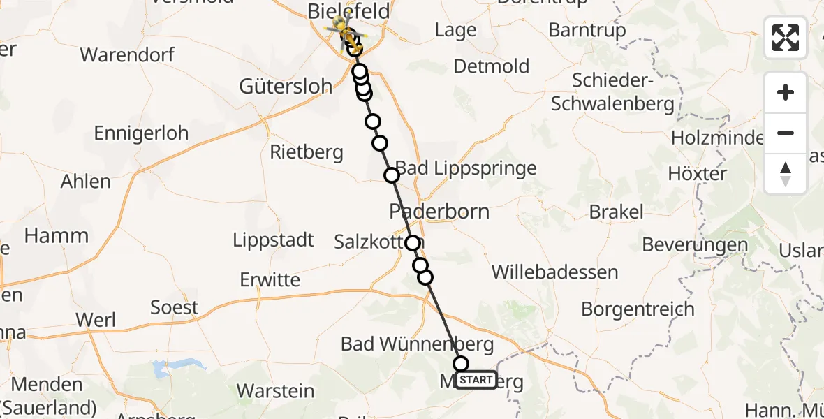 Flugroute Rettungshubschrauber Marsberg - Luftrettungszentrum Bielefeld, 18 Juni 2026, 20:31