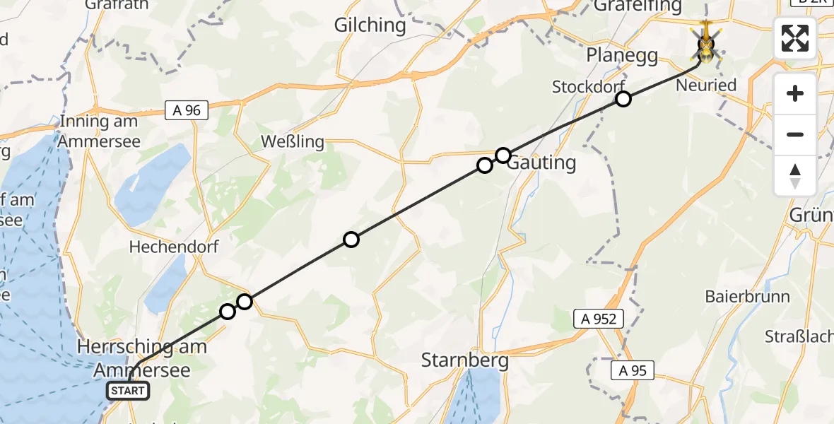 Flugroute Rettungshubschrauber Herrsching a.Ammersee - DRF Air Rescue München Hubschrauberlandeplatz, 18 Juni 2026, 20:34