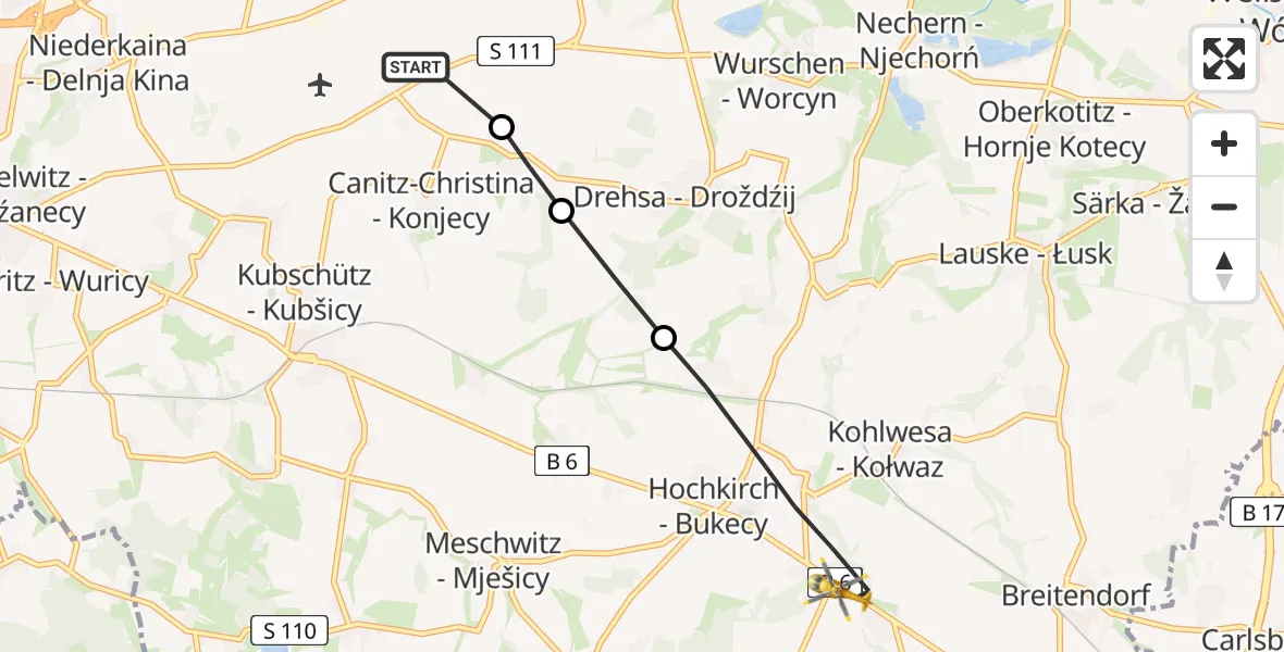 Flugroute Rettungshubschrauber Bautzen Flugplatz - Hochkirch, 18 Juni 2026, 21:19