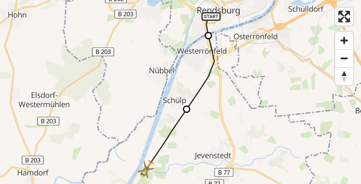 Flugroute Ambulanzhubschrauber Rendsburg - Schülp b.Rendsburg, 18 Juni 2026, 21:24