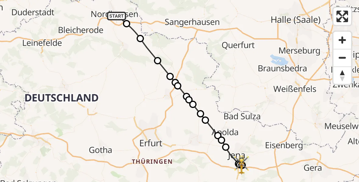 Flugroute Ambulanzhubschrauber Nordhausen - Jena University Hospital, 18 Juni 2026, 21:26