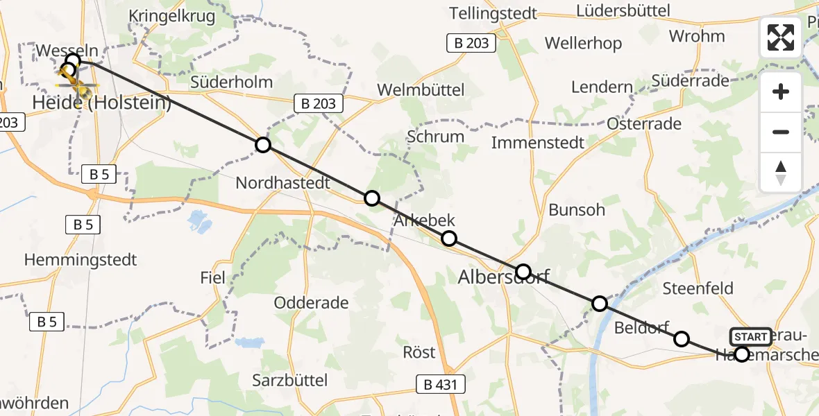 Flugroute Ambulanzhubschrauber Hanerau-Hademarschen - Heide, 18 Juni 2026, 22:59
