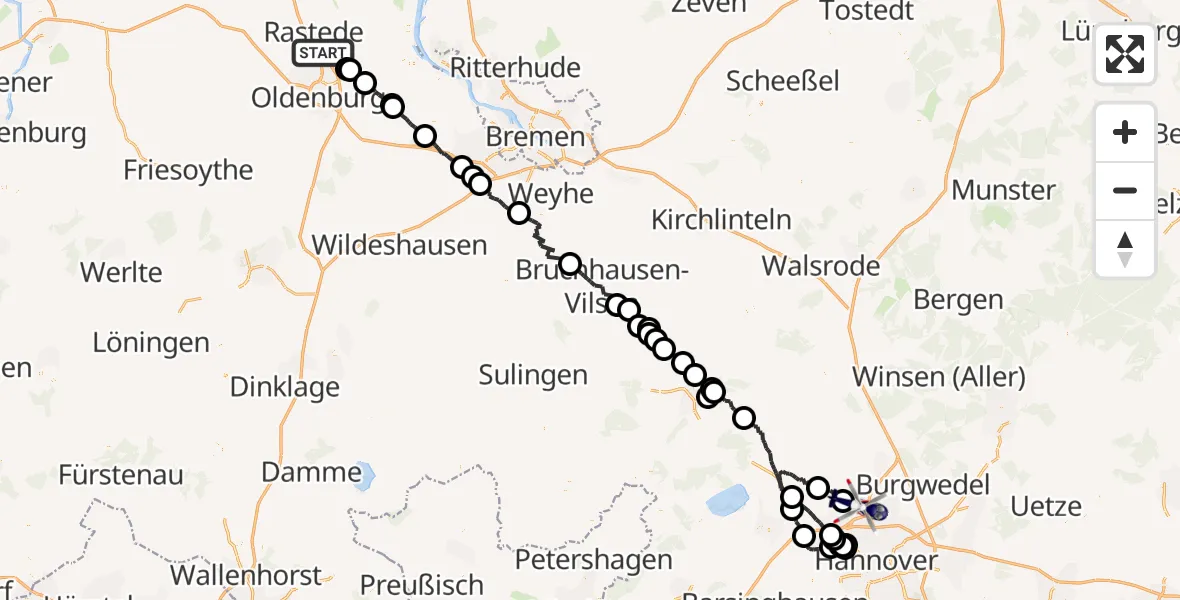 Flugroute Polizeihubschrauber Rastede - Flughafen Hannover, 19 Juni 2026, 00:14