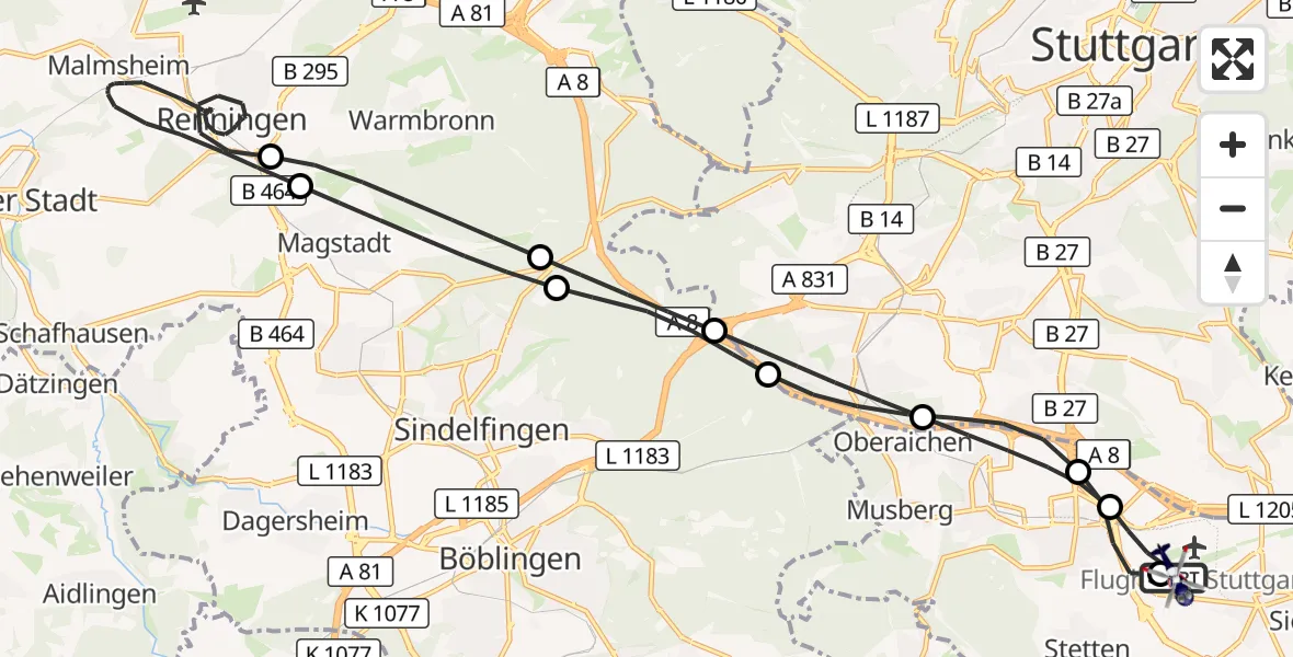 Flugroute Polizeihubschrauber Flughafen Stuttgart - Flughafen Stuttgart, 19 Juni 2026, 01:32