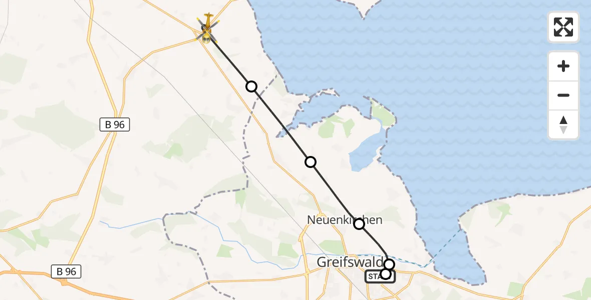 Flugroute Rettungshubschrauber Greifswald Hospital - Sundhagen, 19 Juni 2026, 01:47