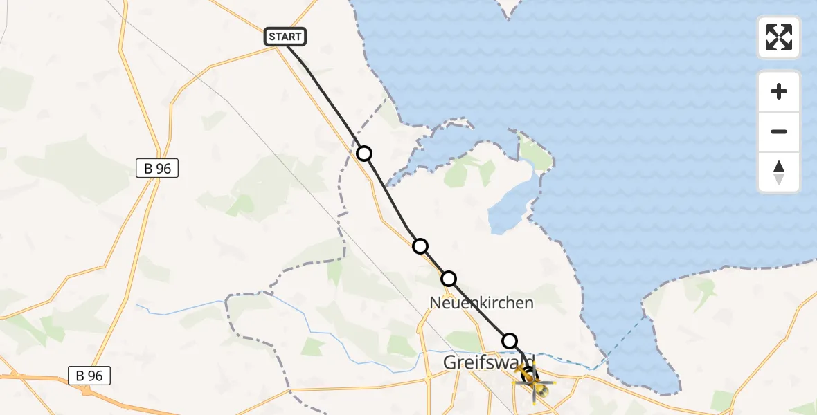 Flugroute Rettungshubschrauber Sundhagen - Greifswald Hospital, 19 Juni 2026, 02:07