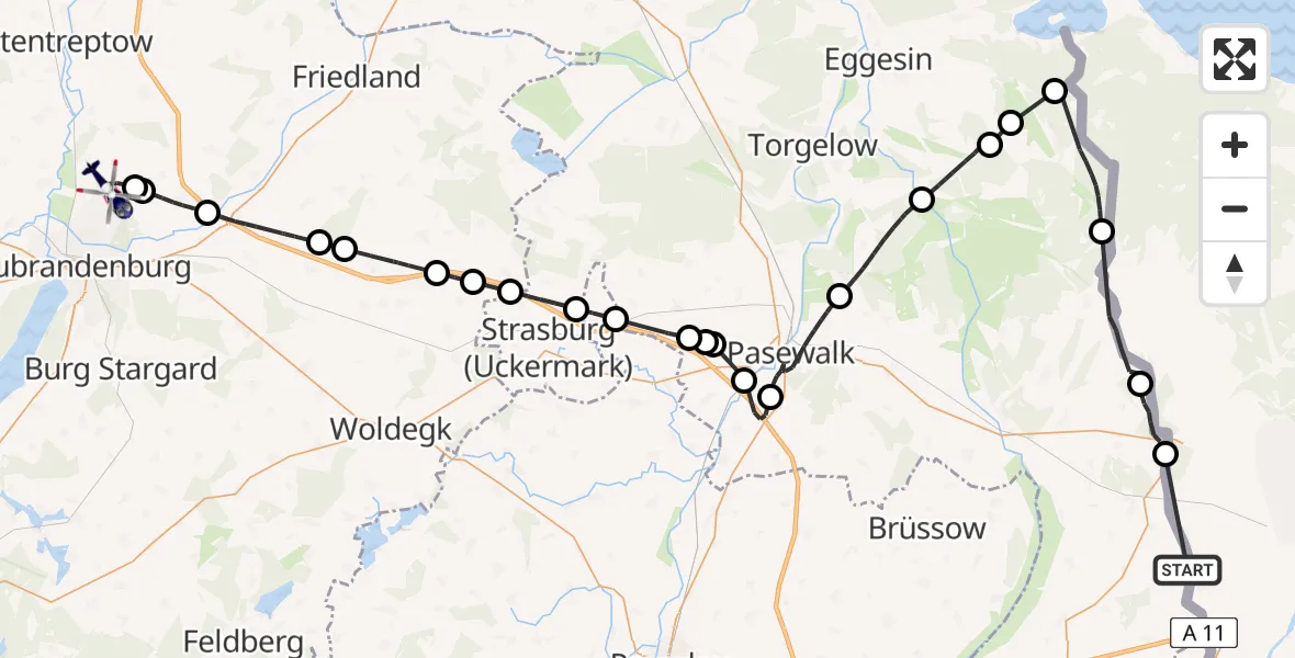 Flugroute Polizeihubschrauber Grambow - Neubrandenburg Trollenhagen Flughafen, 19 Juni 2026, 04:00