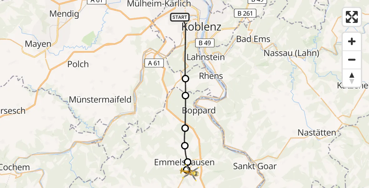 Flugroute Rettungshubschrauber Koblenz - Leiningen, 19 Juni 2026, 05:01