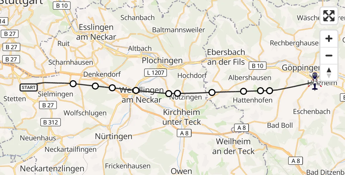 Flugroute Polizeihubschrauber Flughafen Stuttgart - Göppingen, 19 Juni 2026, 05:06