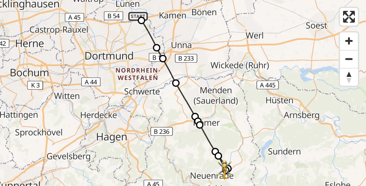 Flugroute Rettungshubschrauber Lünen - Neuenrade, 19 Juni 2026, 05:08