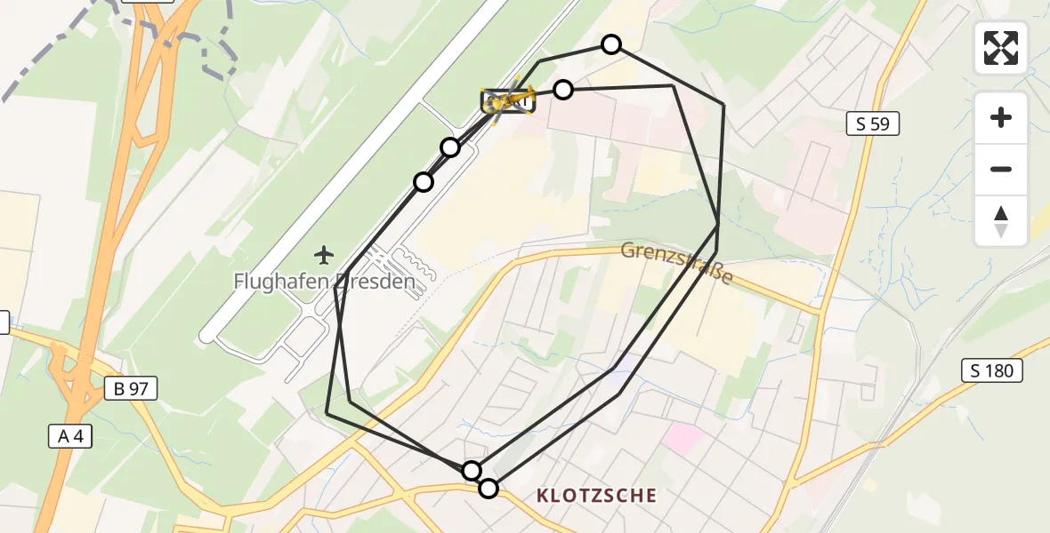 Flugroute Rettungshubschrauber Dresden Bundespolizei Hubschrauberlandeplatz - Dresden Bundespolizei Hubschrauberlandeplatz, 19 Juni 2026, 05:11