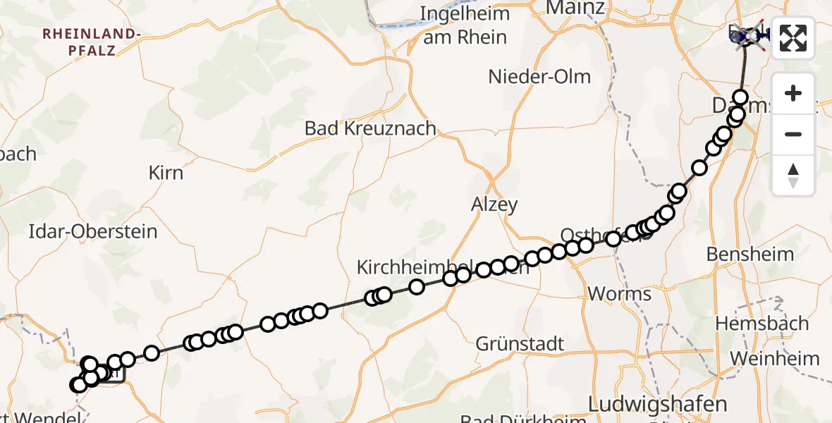 Flugroute Polizeihubschrauber Pfeffelbach - Flughafen Frankfurt-Egelsbach, 19 Juni 2026, 05:13