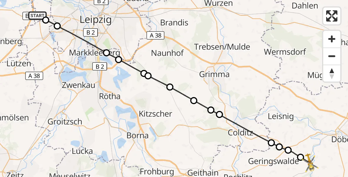 Flugroute Rettungshubschrauber Schkeuditz - Waldheim, 19 Juni 2026, 05:25
