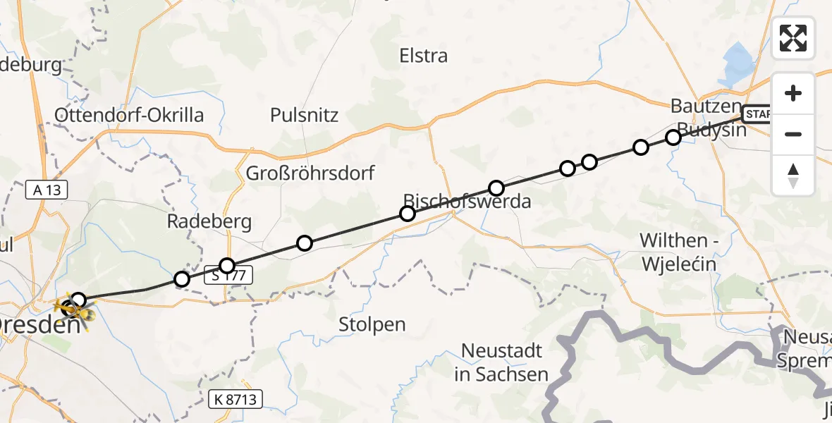 Flugroute Rettungshubschrauber Bautzen - Dresden University Hospital, 19 Juni 2026, 05:30