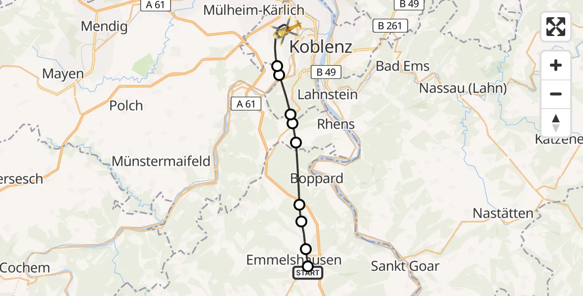 Flugroute Rettungshubschrauber Leiningen - Koblenz, 19 Juni 2026, 05:34